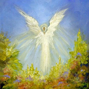 Ethereal Guardian Angel Art Print, Spiritual Garden Scene for Religious Home Decor