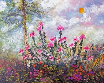 Plein Air Landscape Flower Painting, Original Oil Painting, Flower Art, Pink Flowers