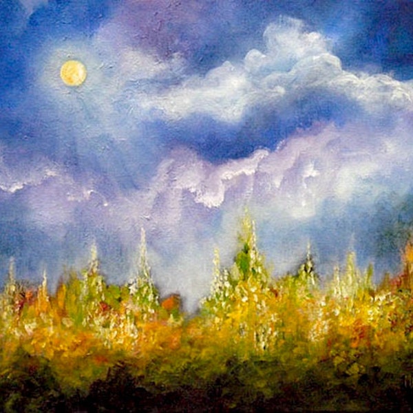 Landscape Garden Floral Oil Painting with Moon, Reaching For The Light, Original HEALING ART by Marina Petro