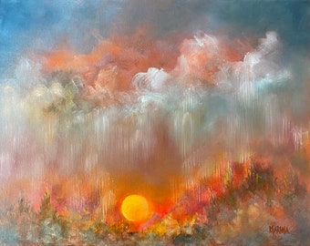 Original Oil Painting Fantasy Landscape with Moon, Sunrise Sunset,  Distant World, Wall Decor, Home Decor