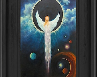 Angel Art Print Poster, Guardian Angel Print, Angel Decor, Spiritual Art, Eclipse Of Moon, Celestial Print