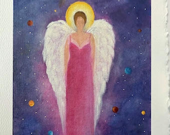 Lámina artística de ángel guardián celestial, tarjeta religiosa espiritual, tarjeta de felicitación en blanco.