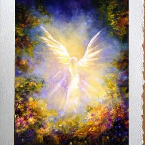 May include: A painting of a white angel with wings spread wide, glowing brightly in a field of colorful flowers. The background is a soft purple and blue, with a hint of yellow light.