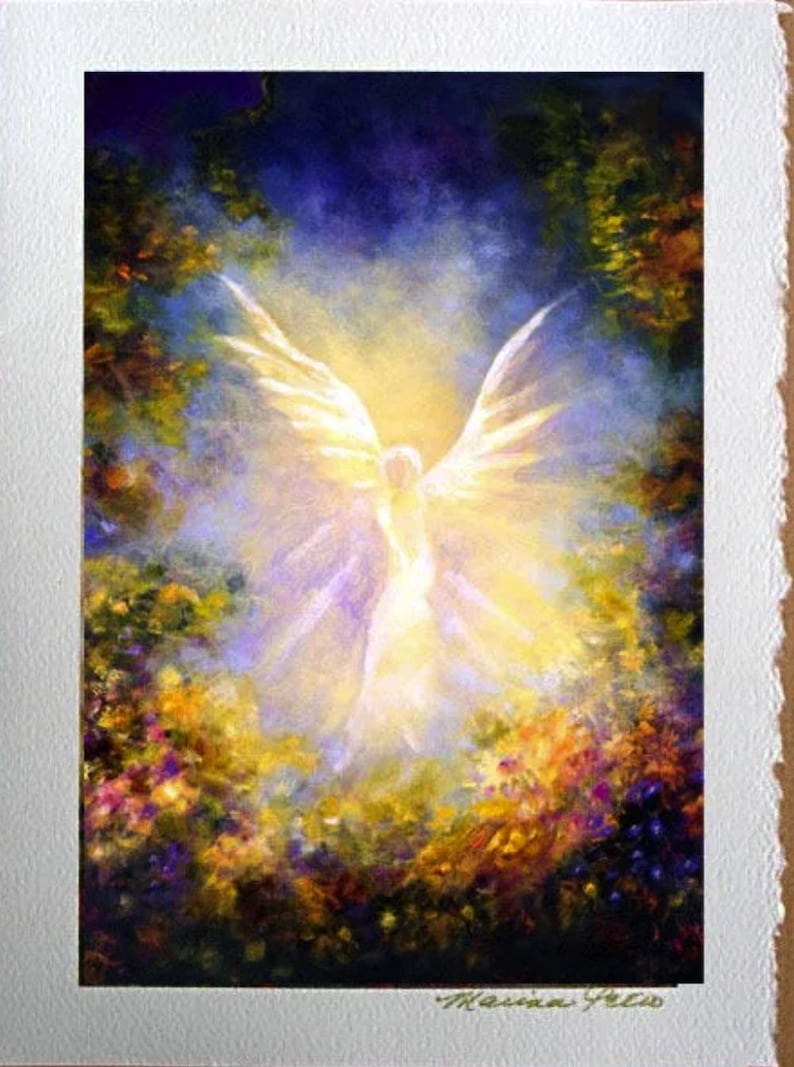 May include: A painting of a white angel with wings spread wide, glowing brightly in a field of colorful flowers. The background is a soft purple and blue, with a hint of yellow light.