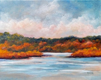 Autumn Landscape Lake Original Plein Air Oil Painting on Canvas, Wall Decor, Home Decor