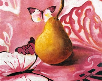 Still Life Painting Pear, Original Oil Painting, Kitchen Art, Butterfly Art, Pink, Food Art, Wall Decor, Home Decor