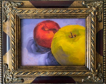 Still Life Fruit Oil Painting, Original Framed Oil Painting, Apple and Plum Painting, Kitchen Decor, Wall Decor