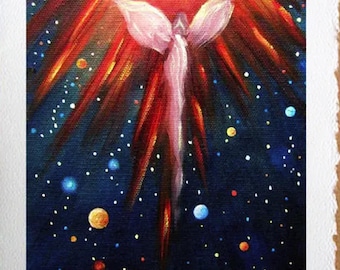 Tarjeta de felicitación con lámina artística de nacimiento de ángel / Tarjeta de ángel guardián espiritual / Tarjetas religiosas / Papelería artística firmada por Marina Petro