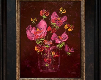 Original Pink Flower Painting, Flower Art Framed, Flower Painting on Canvas, Home Decor, Wall Decor