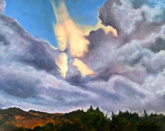 Landscape Clouds with Light Oil Painting, Spiritual, Religious Art, Gods Light Inspirational Art, Autumn Landscape,  Wall Decor, Home Decor