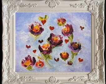 Hearts Among Flowers Oil Painting, Colorful lFine Art Floral Painting, Flower Decor, Home Decor