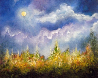 Landscape Flower Print  Moon Art Print Landscape painting floral wall decor