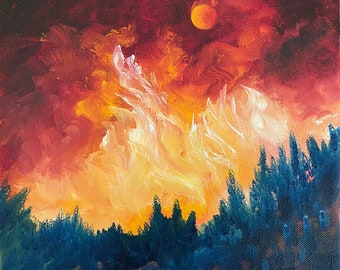 Fire On The Mountain with Moon, Landscape Oil Painting on Canvas, Home Decor, Wall Decor
