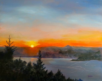 Sunset Painting, Original Sunset Oil Painting Lake George, Setting Sun on Lake George,