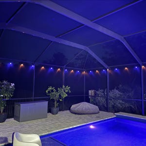 May include: An outdoor patio area with a swimming pool, a gray storage box, and potted plants. The patio is enclosed with a screen and has string lights with alternating blue and orange bulbs. A white chair sits near the pool.