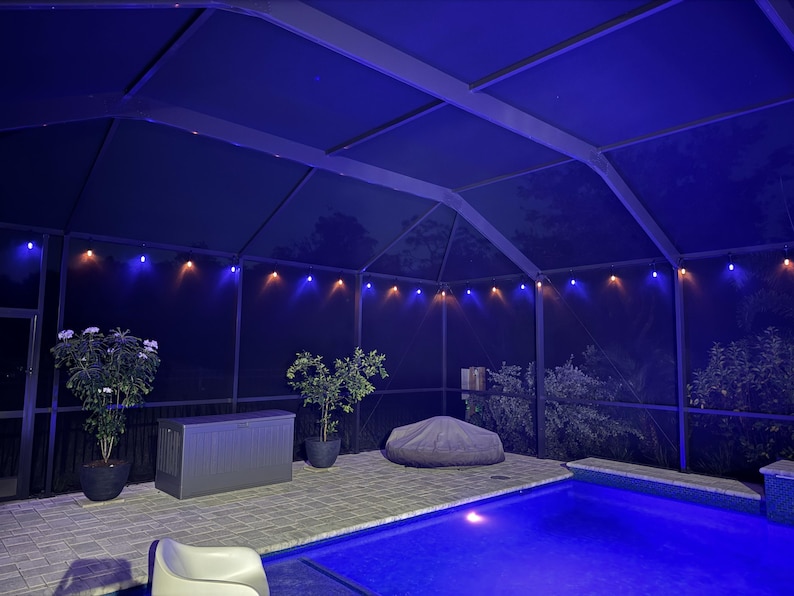 May include: An outdoor patio area with a swimming pool, a gray storage box, and potted plants. The patio is enclosed with a screen and has string lights with alternating blue and orange bulbs. A white chair sits near the pool.