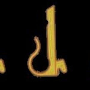 May include: Three gold-colored metal clips with a curved hook design. The clips are arranged horizontally against a black background. Each clip has a rectangular body and a rounded hook at the bottom.