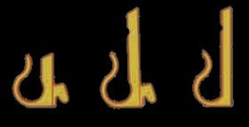 May include: Three gold-colored metal clips with a curved hook design. The clips are arranged horizontally against a black background. Each clip has a rectangular body and a rounded hook at the bottom.