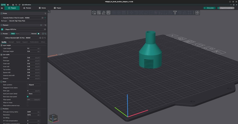 May include: A teal 3D-printed object, possibly a nozzle or adapter, is positioned on a black grid surface. The object features a cylindrical top and a wider, ridged base. The image is a screenshot of 3D modelling or printing software.