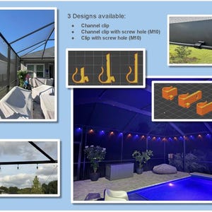 May include: The image showcases a screen enclosure with three different clip designs. The designs include a channel clip, a channel clip with a screw hole (M10), and a clip with a screw hole (M10). The image also shows the enclosure with string lights.