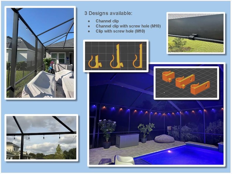 May include: The image showcases a screen enclosure with three different clip designs. The designs include a channel clip, a channel clip with a screw hole (M10), and a clip with a screw hole (M10). The image also shows the enclosure with string lights.