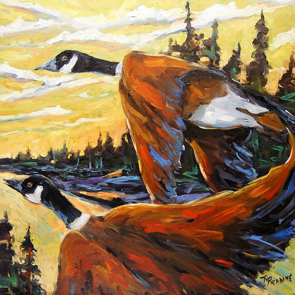 Geese In Flight - - Toile originale à l'huile - Paysage de fin d'été - forêt canadienne - 24X24X1.5 - création de Prankearts