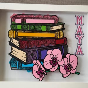 Customizable Stack Books Shadow Box (Made with cardstock paper flowers/ home decor, room decor, gift for any occasion)