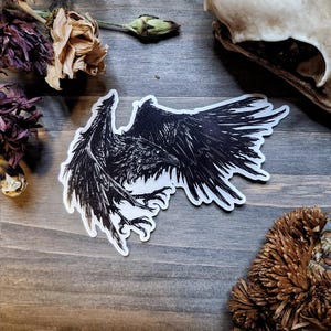 Flying Raven - Illustrated Fantasy Art Laminated Gloss Holographic Water/Scratch Resistant Vinyl Sticker