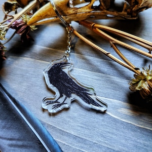 May include: A black crow keychain made of clear acrylic. The crow is depicted in a perched position with its wings spread out. The keychain is hanging from a silver chain.