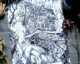 Impresión artística original de la cabaña de Baba Yaga, ilustración folclórica en tinta.