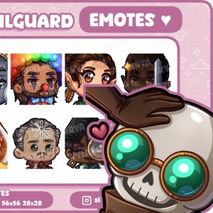 May include: A set of eight cartoon character emotes featuring different expressions and styles. The emotes are arranged in a grid with a pink background. The emotes are all in a chibi style, with large heads and small bodies. The emotes are all smiling or laughing, and they are all wearing different outfits. The emotes are all in a cartoon style, and they are all very cute.