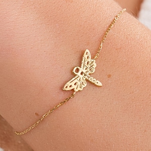 Solid Gold Dragonfly Bracelet: Dainty Animal Charm, 14k Gold
