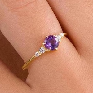 14k Gold Amethyst Engagement Ring , Amethyst Ring with Diamond , Gemstone Anniversary Ring , Natural Diamond Ring , Valentine&#39;s Day Gift