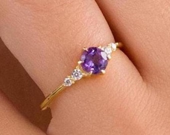 14k gouden amethist verlovingsring met natuurlijke diamanten