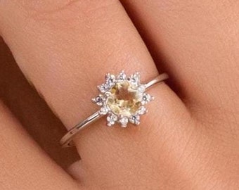 14k Gold Citrine Ring with Diamond Halo, Anniversary Gift
