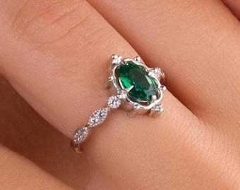 14k Gold Emerald Ring: Oval Cubic Zirconia, Vintage Inspired