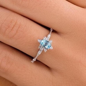 14k Gold Natural Sky Blue Topaz Ring With Diamond Ring , Solid Gold Engagement Ring , Anniversary Ring , Wedding Ring , Thin Dainty Ring