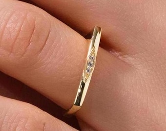 14k Gold Bar Ring with Cubic Zirconia: Boho Wedding Jewelry