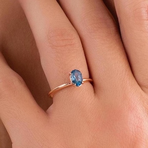 14k Gold London Blue Topaz Ring: Oval Solitaire Engagement Ring