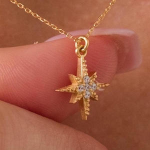 14k Gold North Star Necklace , Solid Gold Pole Star Necklace , Minimalist Star Charm Starbust Pendant , Pole Star Pendant Necklace