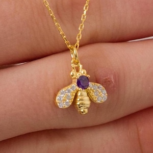 10k 14k Gold Bee Necklace , Solid Gold Bee Necklace with Amethyst , Bee Charm Necklace , Bee Pendant Necklace , Animal Lovers for Necklace