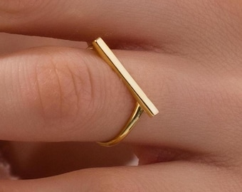 14k Gold Bar Ring: Minimalist Horizontal Statement Ring