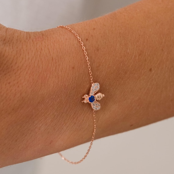 10k 14k Gold Bee Bracelet With Sapphire Minimalist Bee Bracelet