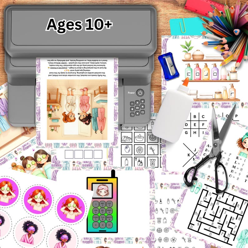 May include: A set of printable activity sheets for kids ages 10 and up. The sheets feature a variety of activities, including a word search, a maze, a connect the dots, and a coloring page. The theme of the activity sheets is a spa day.
