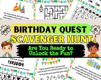 Búsqueda del tesoro de cumpleaños para niños / Juego de fiesta imprimible con pistas / Divertida búsqueda del tesoro de cumpleaños para niños / Rompecabezas de escape room / Edades 8+