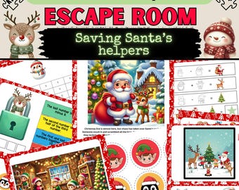 May include: A Christmas-themed escape room game for kids ages 5 and up. The game features a variety of puzzles and activities, including a lock and key puzzle, a math puzzle, and a word search. The game is designed to help children learn about Christmas traditions and history.