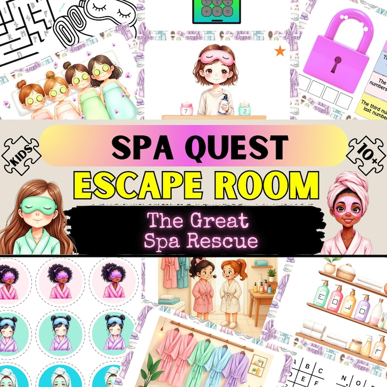 May include: A colorful printable escape room game for kids called "Spa Quest: The Great Spa Rescue". The game features a spa-themed design with images of people wearing spa robes and face masks. The game includes a variety of puzzles and challenges for kids to solve.