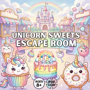 Escape Room para niños / Kit de escape room fácil para cumpleaños con temática de unicornios / Juego de rompecabezas imprimible para mayores de 8 años / Juego de fiesta mágico / Diversión de escape DIY