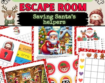 May include: A Christmas-themed escape room game for kids. The game features a colorful illustration of Santa Claus and his reindeer, along with a variety of puzzles and activities. The text on the game board reads "Christmas Quest Escape Room Saving Santa's Helpers".