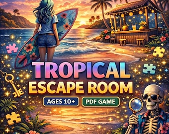 Salle d'évasion tropicale pour préados et adolescents | Jeu de salles d'évasion à imprimer pour filles |  Jeu d'activités festives pour filles | Salle d'évasion facile 10+